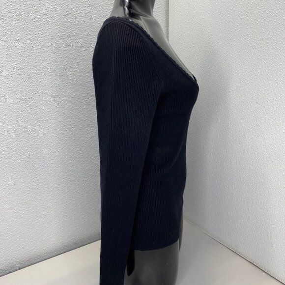 Sezane Women’s Alva Jumper V-Neck Sweater Size L Black Rib Knit Long Sleeve Pull - Picture 9 of 13